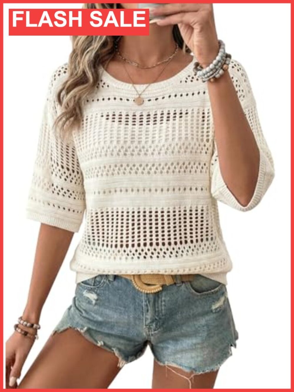 Crochet Knit Top Half Sleeve Hollow Out Sweater Pullover